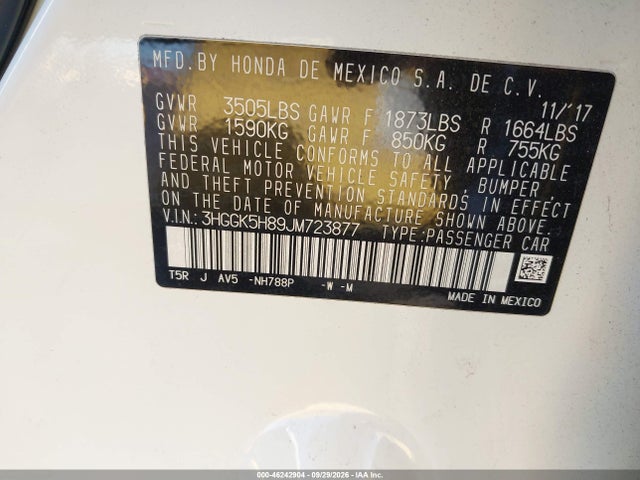 46242904 :رقم المزاد ، 3HGGK5H89JM723877 vin ، 2018 Honda Fit Ex مزاد بيع