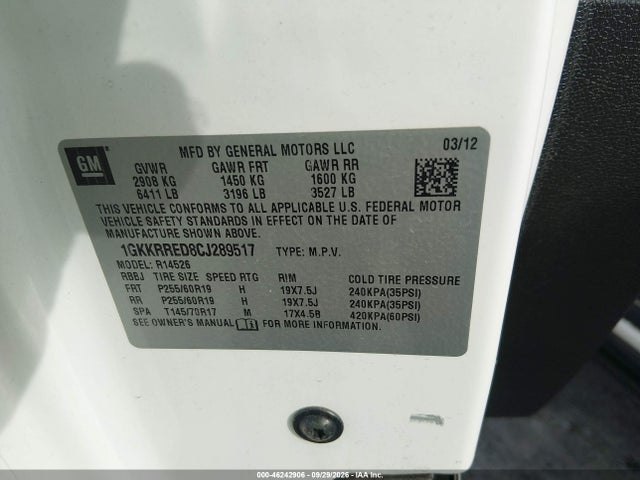 Aukcja sprzedaży 2012 Gmc Acadia Slt-1, vin: 1GKKRRED8CJ289517, numer aukcji: 46242906
