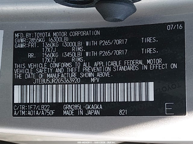 46242911 :رقم المزاد ، JTEBU5JR2G5363920 vin ، 2016 Toyota 4runner Sr5 Premium مزاد بيع