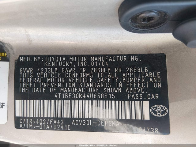 Продажа на аукционе авто 2004 Toyota Camry Xle, vin: 4T1BE30K44U858515, номер лота: 46242918