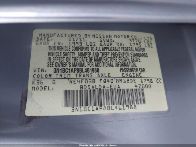 46242924 :رقم المزاد ، 3N1BC1AP8BL461988 vin ، 2011 Nissan Versa 1.8s مزاد بيع