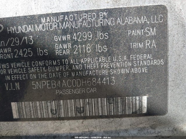 46242941 :رقم المزاد ، 5NPEB4AC0DH684413 vin ، 2013 Hyundai Sonata Gls مزاد بيع