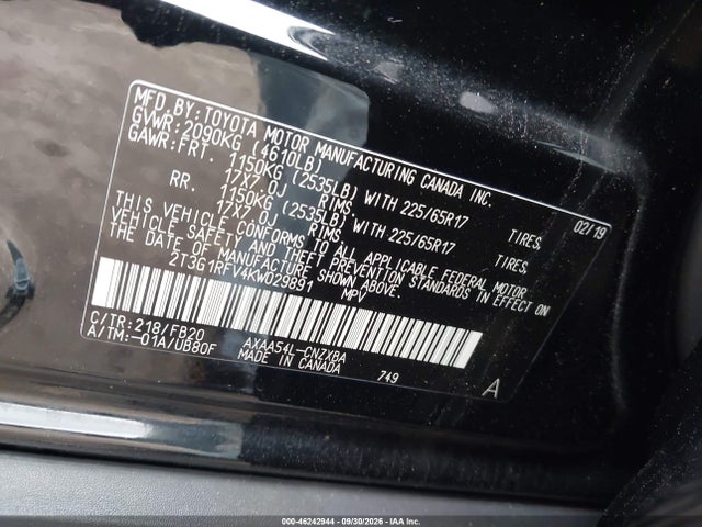 46242944 :رقم المزاد ، 2T3G1RFV4KW029891 vin ، 2019 Toyota Rav4 Le مزاد بيع