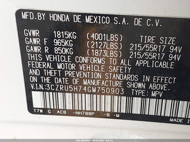 3CZRU5H74GM750903 Honda Hr-v Ex-l