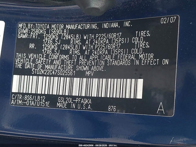 Aukcja sprzedaży 2007 Toyota Sienna Xle, vin: 5TDZK22C47S025561, numer aukcji: 46242956