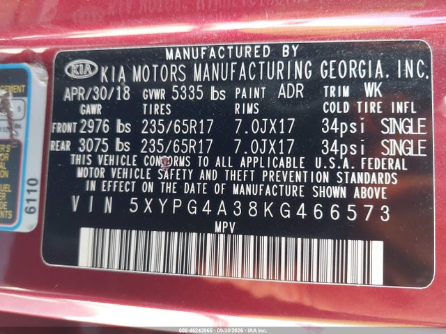 KIA Sorento 2.4l Lx 2019 5XYPG4A38KG466573 Image 9