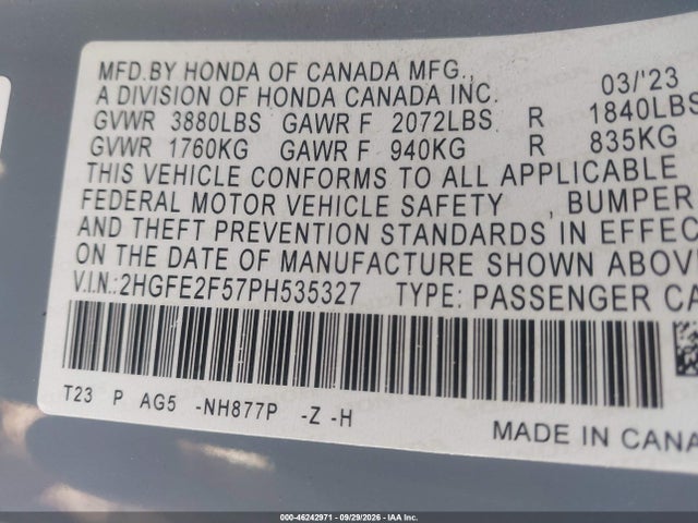 Продажа на аукционе авто 2023 Honda Civic Sport, vin: 2HGFE2F57PH535327, номер лота: 46242971