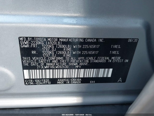 2T3LWRFV6LW092430 Toyota Rav4 Hybrid Le