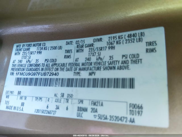 Aukcja sprzedaży 2015 Ford Escape Se, vin: 1FMCU9G97FUB72940, numer aukcji: 46243018