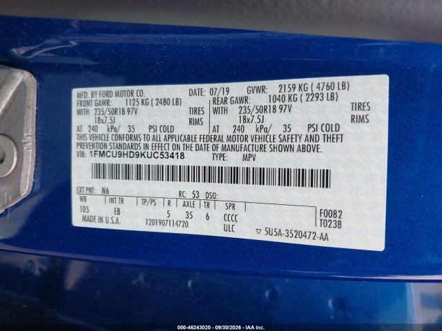 Продаж на аукціоні авто 2019 Ford Escape Sel, vin: 1FMCU9HD9KUC53418, номер лоту: 46243020