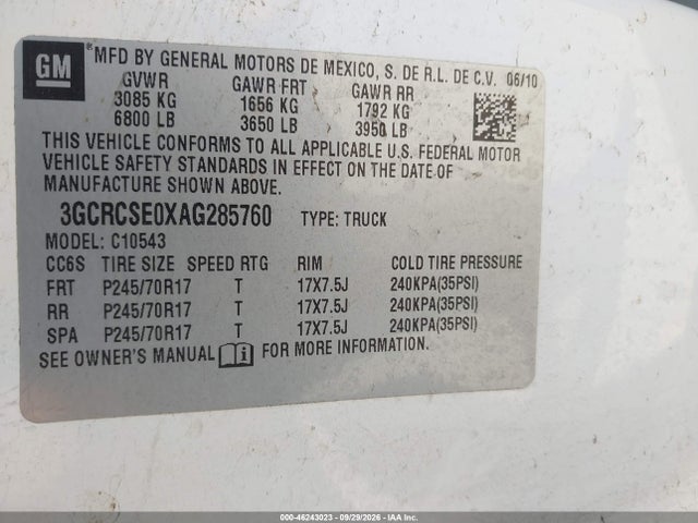 46243023 :رقم المزاد ، 3GCRCSE0XAG285760 vin ، 2010 Chevrolet Silverado 1500 Lt مزاد بيع