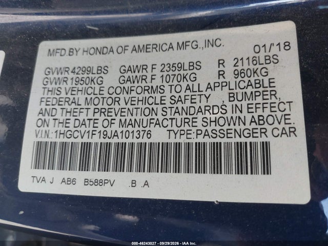 Aukcja sprzedaży 2018 Honda Accord Lx, vin: 1HGCV1F19JA101376, numer aukcji: 46243027
