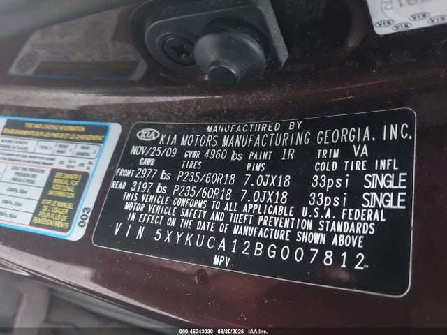 2011 Kia Sorento Ex მანქანა იყიდება აუქციონზე, vin: 5XYKUCA12BG007812, აუქციონის ნომერი: 46243030