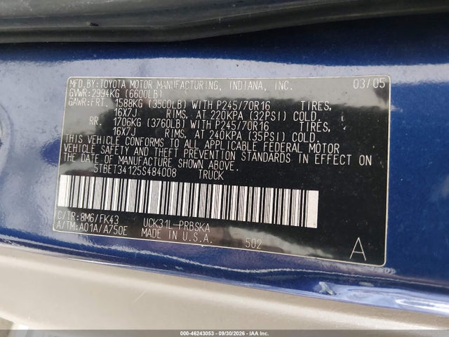 46243053 :رقم المزاد ، 5TBET34125S484008 vin ، 2005 Toyota Tundra Sr5 V8 مزاد بيع