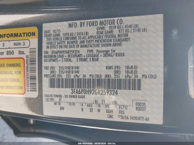 Продажа на аукционе авто 2016 Ford Fusion Se, vin: 3FA6P0H92GR259324, номер лота: 46243059
