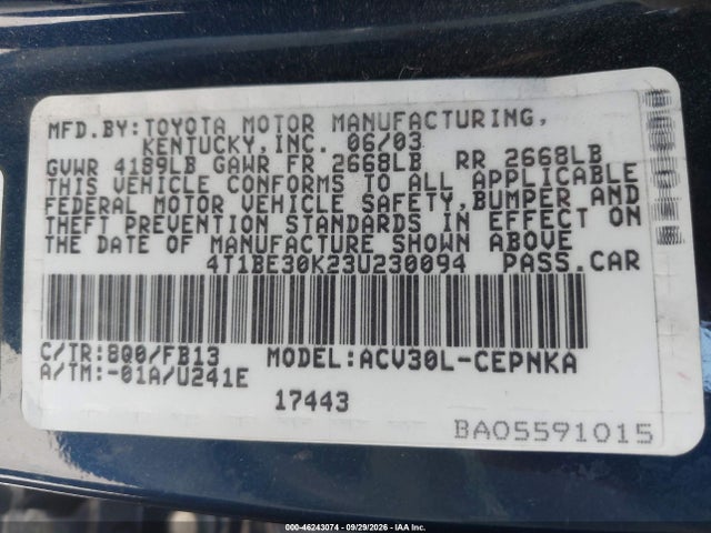 Aukcja sprzedaży 2003 Toyota Camry Le, vin: 4T1BE30K23U230094, numer aukcji: 46243074