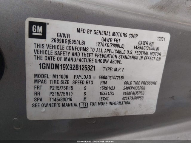 Aukcja sprzedaży 2002 Chevrolet Astro Ls, vin: 1GNDM19X92B126321, numer aukcji: 46243080
