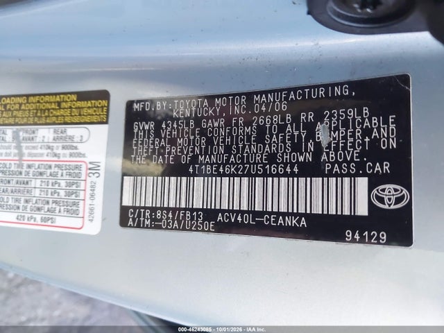 46243085 :رقم المزاد ، 4T1BE46K27U516644 vin ، 2007 Toyota Camry Le مزاد بيع