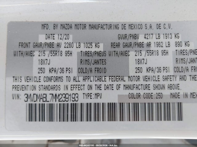 2021 Mazda Cx-30 Select მანქანა იყიდება აუქციონზე, vin: 3MVDMABL7MM239193, აუქციონის ნომერი: 46243100