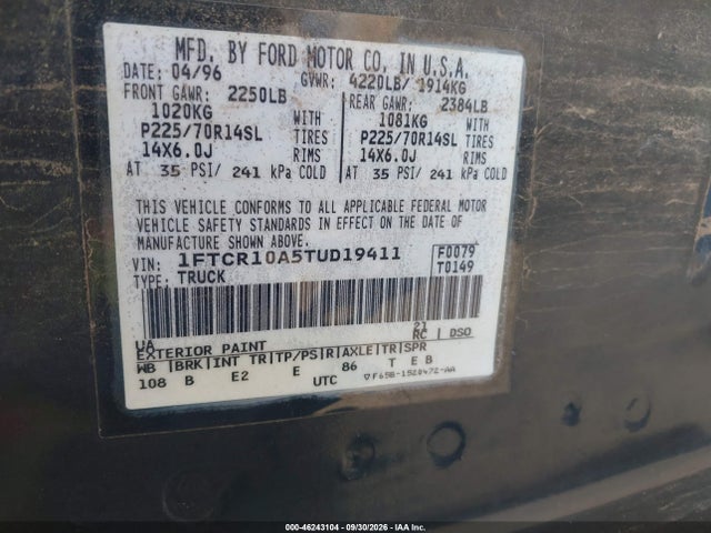 1996 Ford Ranger მანქანა იყიდება აუქციონზე, vin: 1FTCR10A5TUD19411, აუქციონის ნომერი: 46243104