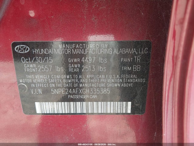 Hyundai SONATA SE 2016 5NPE24AFXGH335385 Image 9