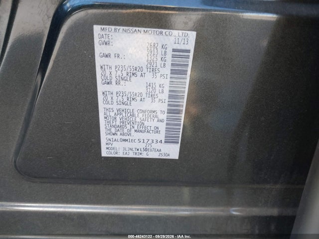 Aukcja sprzedaży 2014 Infiniti Qx60, vin: 5N1AL0MM1EC517334, numer aukcji: 46243122