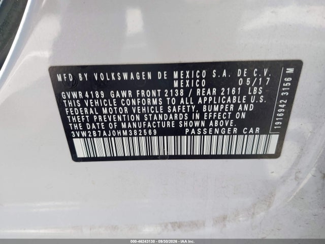 2017 Volkswagen Jetta 1.4t S მანქანა იყიდება აუქციონზე, vin: 3VW2B7AJ0HM382569, აუქციონის ნომერი: 46243130