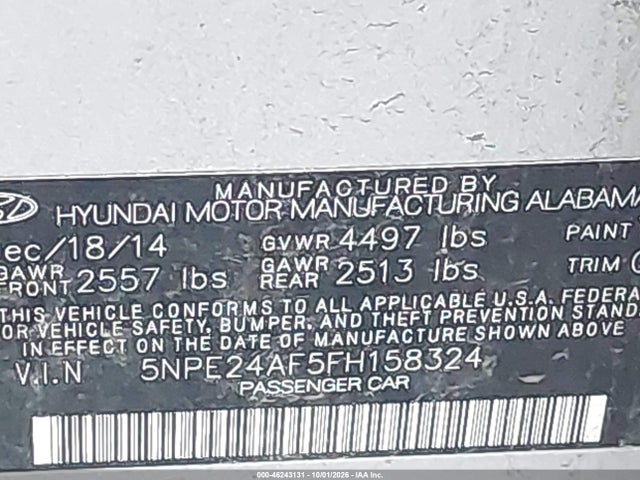 Aukcja sprzedaży 2015 Hyundai Sonata Se, vin: 5NPE24AF5FH158324, numer aukcji: 46243131