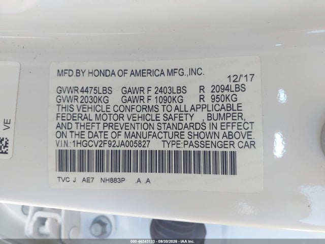 1HGCV2F92JA005827 Honda Accord Touring 2.0t