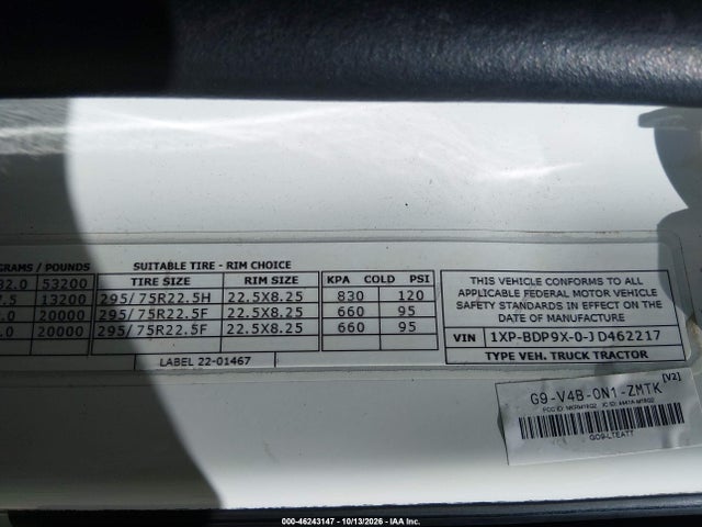 Продаж на аукціоні авто 2018 Peterbilt 579, vin: 1XPBDP9X0JD462217, номер лоту: 46243147