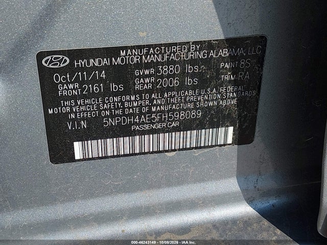 2015 Hyundai Elantra Limited მანქანა იყიდება აუქციონზე, vin: 5NPDH4AE5FH598089, აუქციონის ნომერი: 46243149