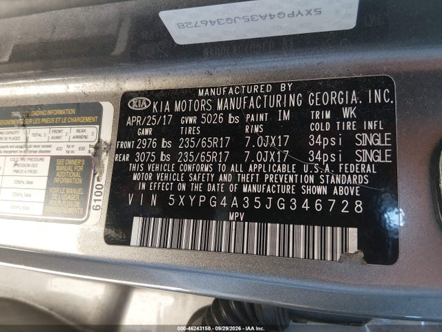 Продажа на аукционе авто 2018 Kia Sorento 2.4l Lx, vin: 5XYPG4A35JG346728, номер лота: 46243150