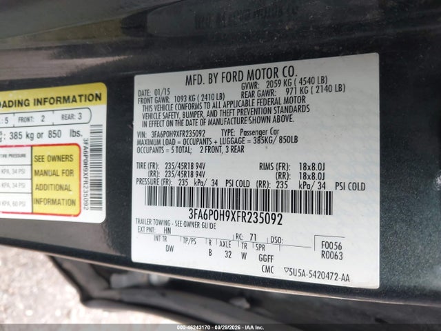 2015 Ford Fusion Se მანქანა იყიდება აუქციონზე, vin: 3FA6P0H9XFR235092, აუქციონის ნომერი: 46243170