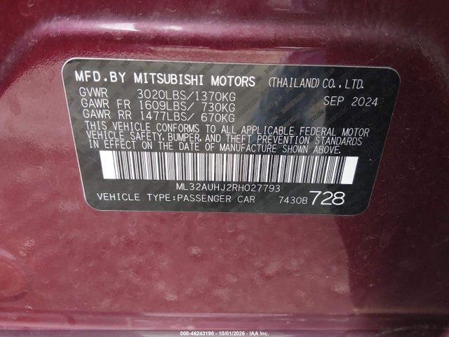 2024 Mitsubishi Mirage Es/le მანქანა იყიდება აუქციონზე, vin: ML32AUHJ2RH027793, აუქციონის ნომერი: 46243190