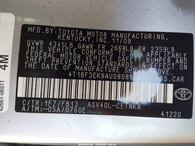 2010 Toyota Camry Le მანქანა იყიდება აუქციონზე, vin: 4T1BF3EK8AU080883, აუქციონის ნომერი: 46243194