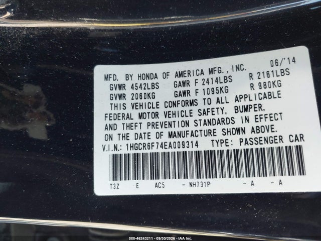 Продаж на аукціоні авто 2014 Honda Accord Hybrid Touring, vin: 1HGCR6F74EA009314, номер лоту: 46243211
