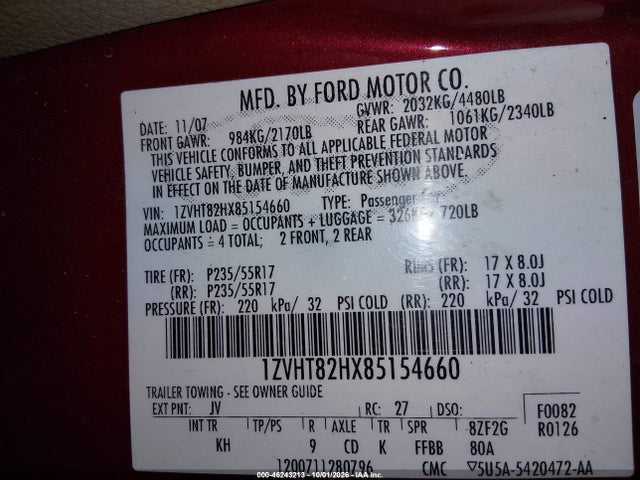 2008 Ford Mustang Gt Deluxe/gt Premium მანქანა იყიდება აუქციონზე, vin: 1ZVHT82HX85154660, აუქციონის ნომერი: 46243213