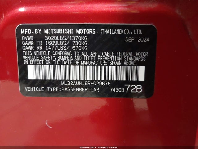 Продажа на аукционе авто 2024 Mitsubishi Mirage Es/le, vin: ML32AUHJ8RH029676, номер лота: 46243245