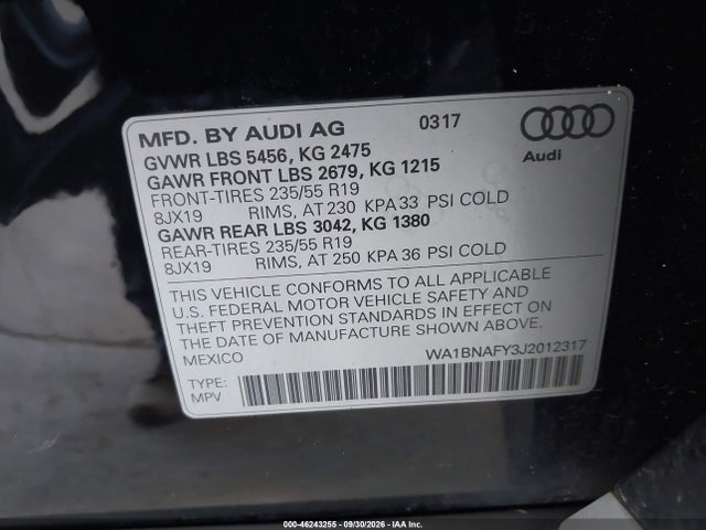 WA1BNAFY3J2012317 Audi Q5 2.0t Premium/2.0t Tech Premium