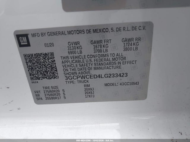 46243266 :رقم المزاد ، 3GCPWCED4LG233423 vin ، 2020 Chevrolet Silverado 1500 2wd  Short Bed Lt مزاد بيع