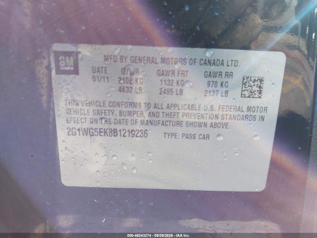 46243274 :رقم المزاد ، 2G1WG5EK8B1219236 vin ، 2011 Chevrolet Impala Lt مزاد بيع