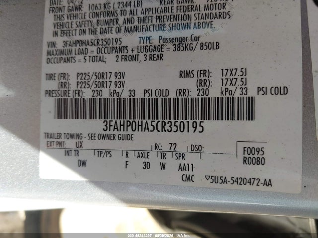 2012 Ford Fusion Se მანქანა იყიდება აუქციონზე, vin: 3FAHP0HA5CR350195, აუქციონის ნომერი: 46243297