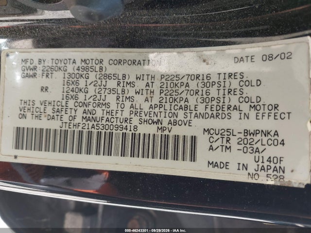 Продаж на аукціоні авто 2003 Toyota Highlander Limited V6, vin: JTEHF21A530099418, номер лоту: 46243301