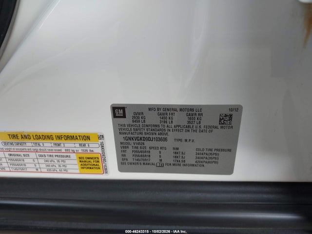 Aukcja sprzedaży 2013 Chevrolet Traverse 1lt, vin: 1GNKVGKD9DJ103606, numer aukcji: 46243315