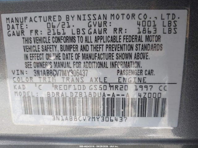 Продаж на аукціоні авто 2021 Nissan Sentra Sv Xtronic Cvt, vin: 3N1AB8CV7MY306437, номер лоту: 46243316