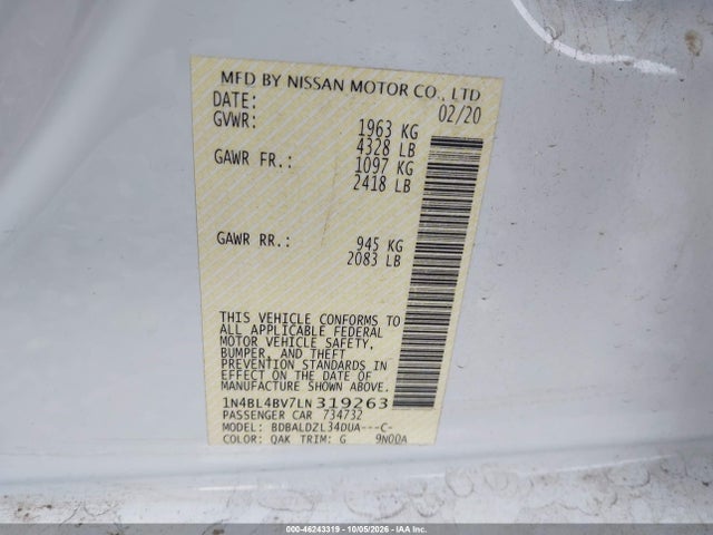 1N4BL4BV7LN319263 Nissan Altima S Fwd