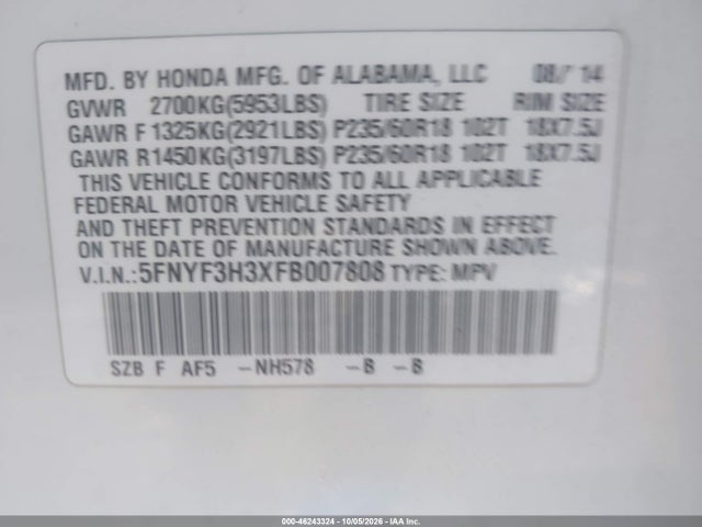 Honda PILOT SE 2015 5FNYF3H3XFB007808 Image 9