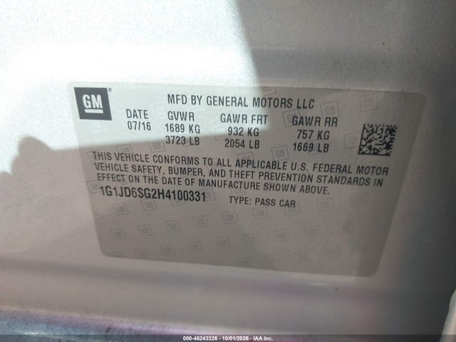 Продаж на аукціоні авто 2017 Chevrolet Sonic Lt Auto, vin: 1G1JD6SG2H4100331, номер лоту: 46243326