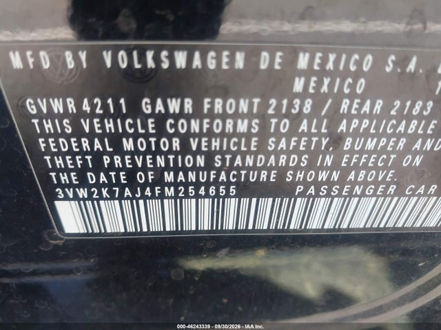 2015 Volkswagen Jetta 2.0l S მანქანა იყიდება აუქციონზე, vin: 3VW2K7AJ4FM254655, აუქციონის ნომერი: 46243339