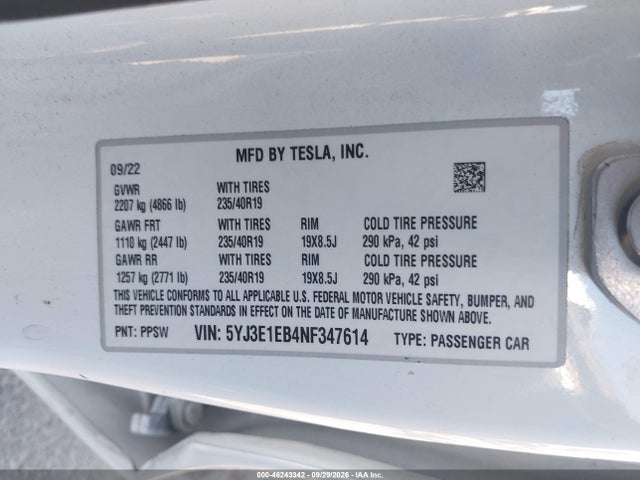 2022 Tesla Model 3 Long Range Dual Motor All-wheel Drive მანქანა იყიდება აუქციონზე, vin: 5YJ3E1EB4NF347614, აუქციონის ნომერი: 46243342